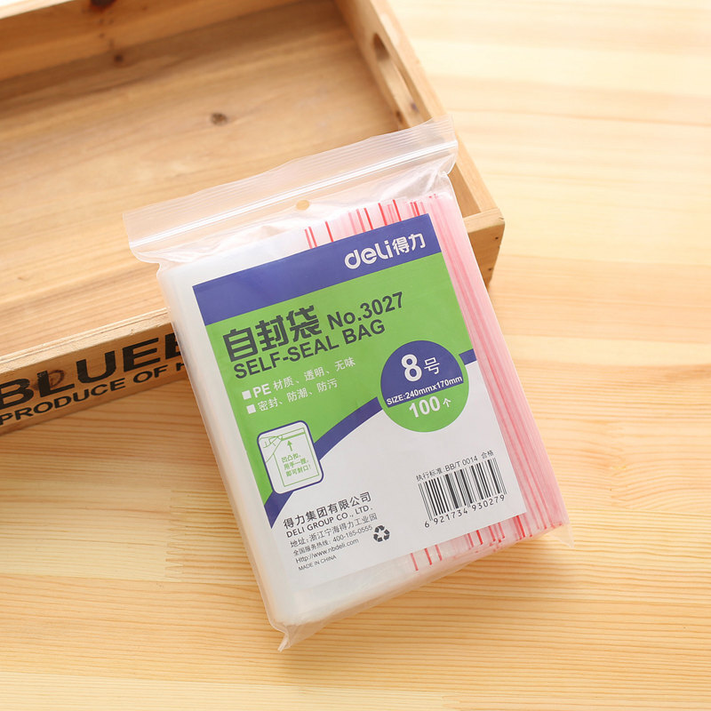 得力（deli） 3027 自封袋(透明)-8號(100個(gè)/包)240ｘ170mm0.04mm_http://www.bzsa.cn/img/sp/206/8c57c53e-24cf-4d6c-a371-3fd0c02cb402.jpg
