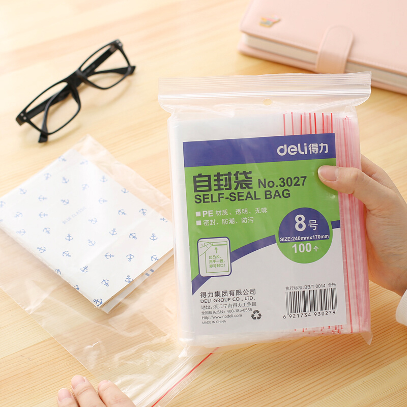 得力（deli） 3027 自封袋(透明)-8號(100個(gè)/包)240ｘ170mm0.04mm_http://www.bzsa.cn/img/sp/206/af8befdc-1ad5-4329-9360-ce721e30343f.jpg