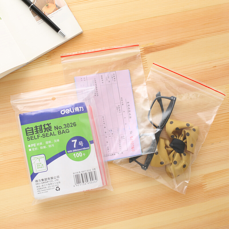 得力（deli） 3026 自封袋(透明)-7號(100個/包)200ｘ140mm0.04mm_http://www.bzsa.cn/img/sp/206/c5f1a81b-3433-4b02-b273-1880ed038910.jpg