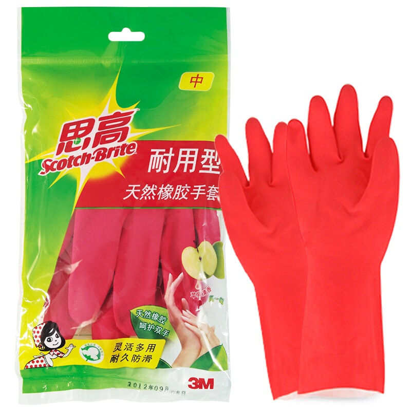 3M思高（（Scotch）） 耐用型家務(wù)手套 中號(hào) 橡膠手套 紅色清新